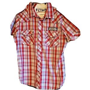 Petrol Industries Men's Red Plaid,  Pearl Snap Shirt Patches Embroidered Large